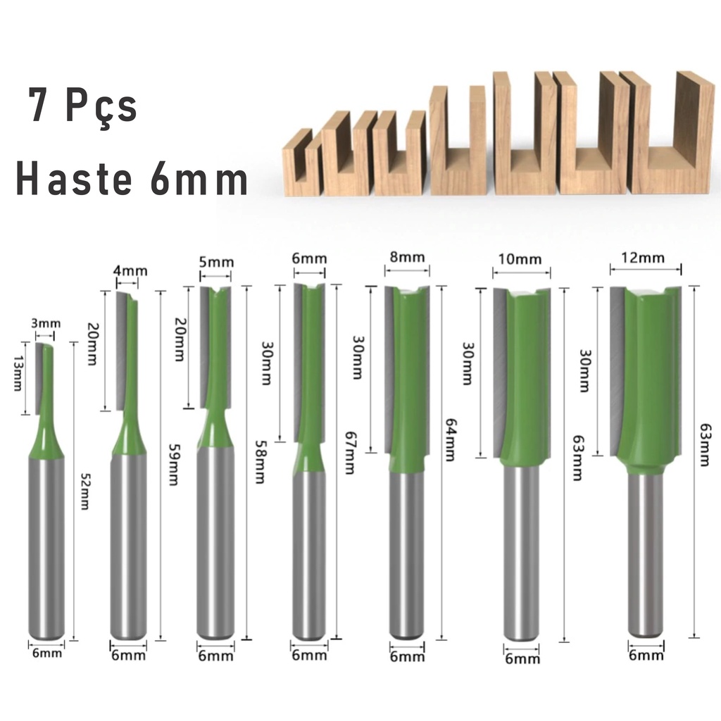 Kit 7 Fresas Para Tupia Ou Cnc Haste 6mm P/3,4,5,6,8,10,12mm