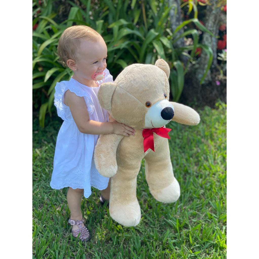 Urso De Pelúcia Teddy Fofinho Grande Com Laço 50cm - Doce De Leite