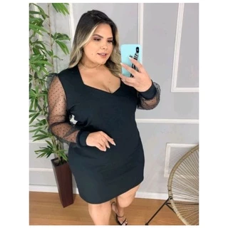 vestido feminino plus size com manga princesa em tule