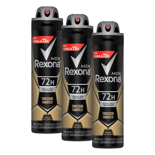Kit com 3 Desodorantes Antitranspirantes Aerosol Masculino Rexona Torcedor Fanático 72 horas 150ml cada
