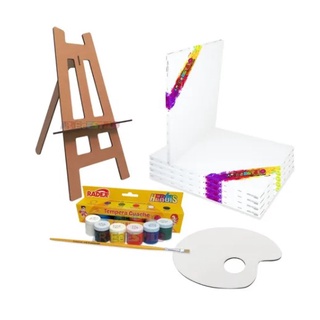 Kit 05 Telas Pintura Mini Cavalete 6 Tintas, Pincel E Paleta