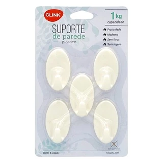 KIT 5 GANCHOS PLASTICO GRUDÁVEL PARA PAREDE 5X2,5X2CM