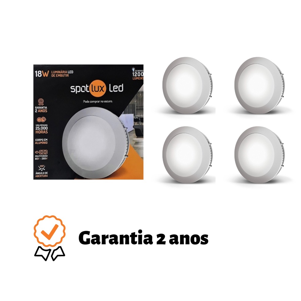 Kit 4 Luminárias led embutir redonda 18w bivolt Branco Spotlux gesso