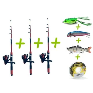 Kit Pesca Completo 3 Varas p/ Molinete 1,70 mts + 3 Iscas Artificias + 3 Molinetes + 1 Linha