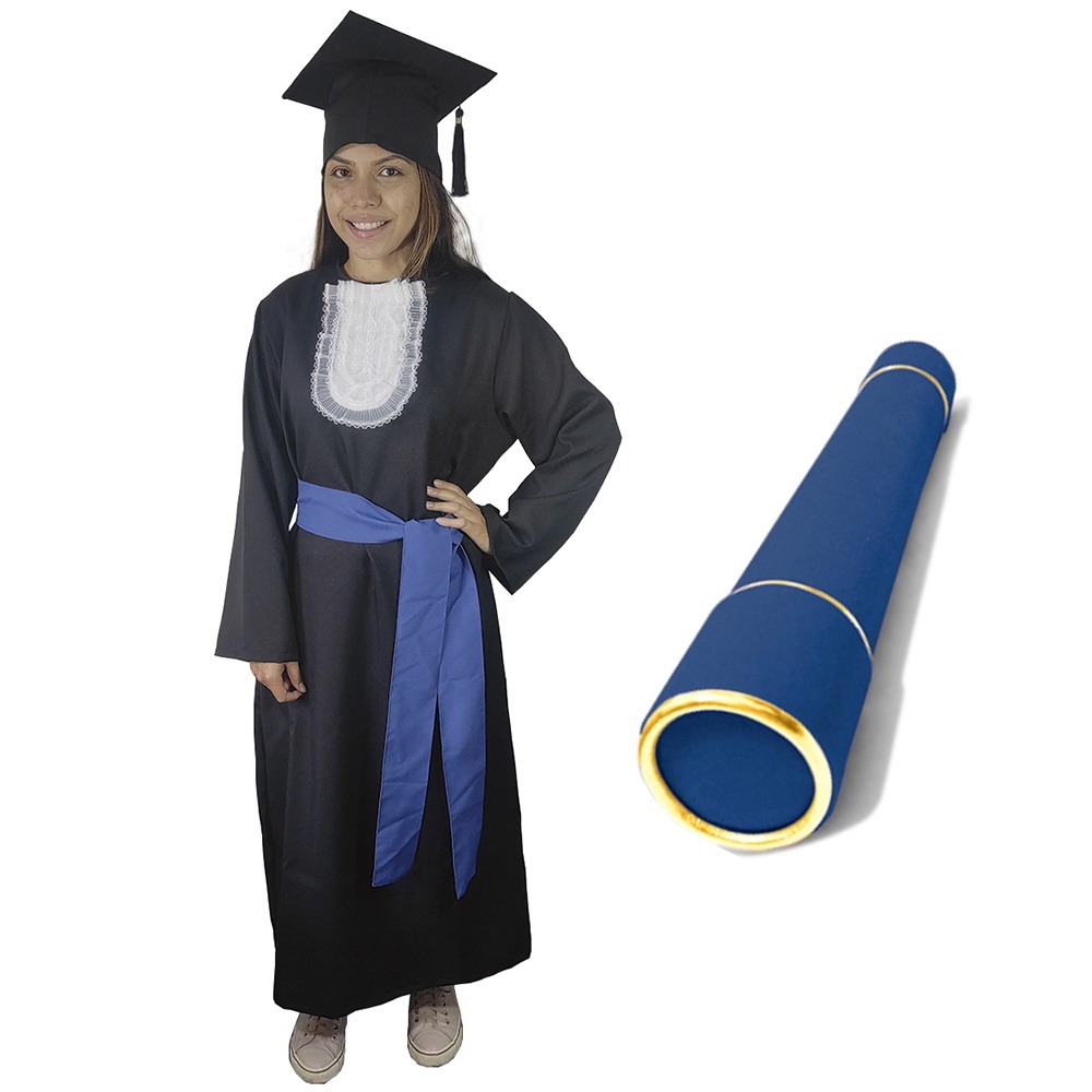 Conjunto Beca Formatura Preto + Capelo + Jabô + Faixa + Canudo - Uniforme