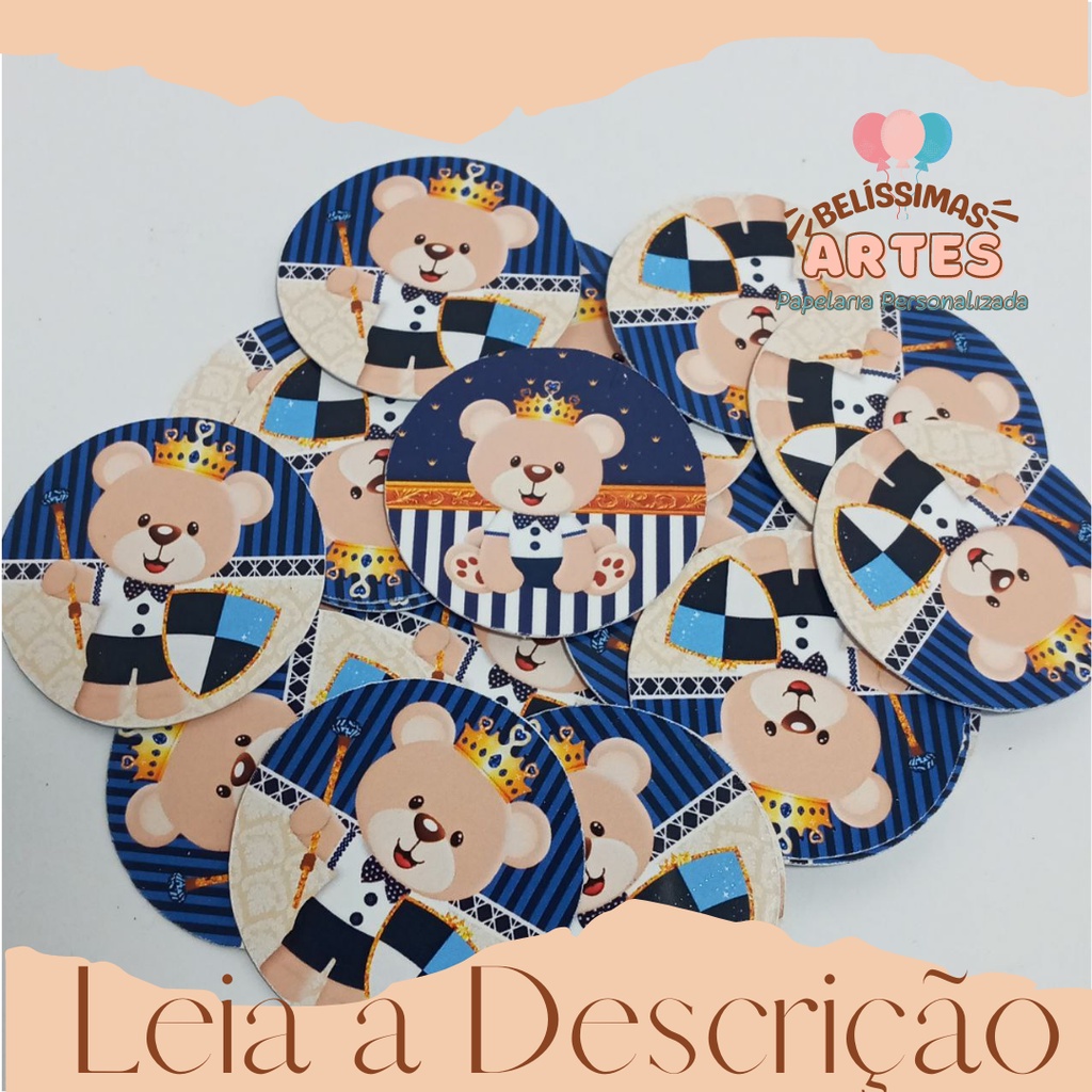 50 Toppers Tags apliques redondo para docinhos ursinho príncipe - LEIA DESCRIÇÃO
