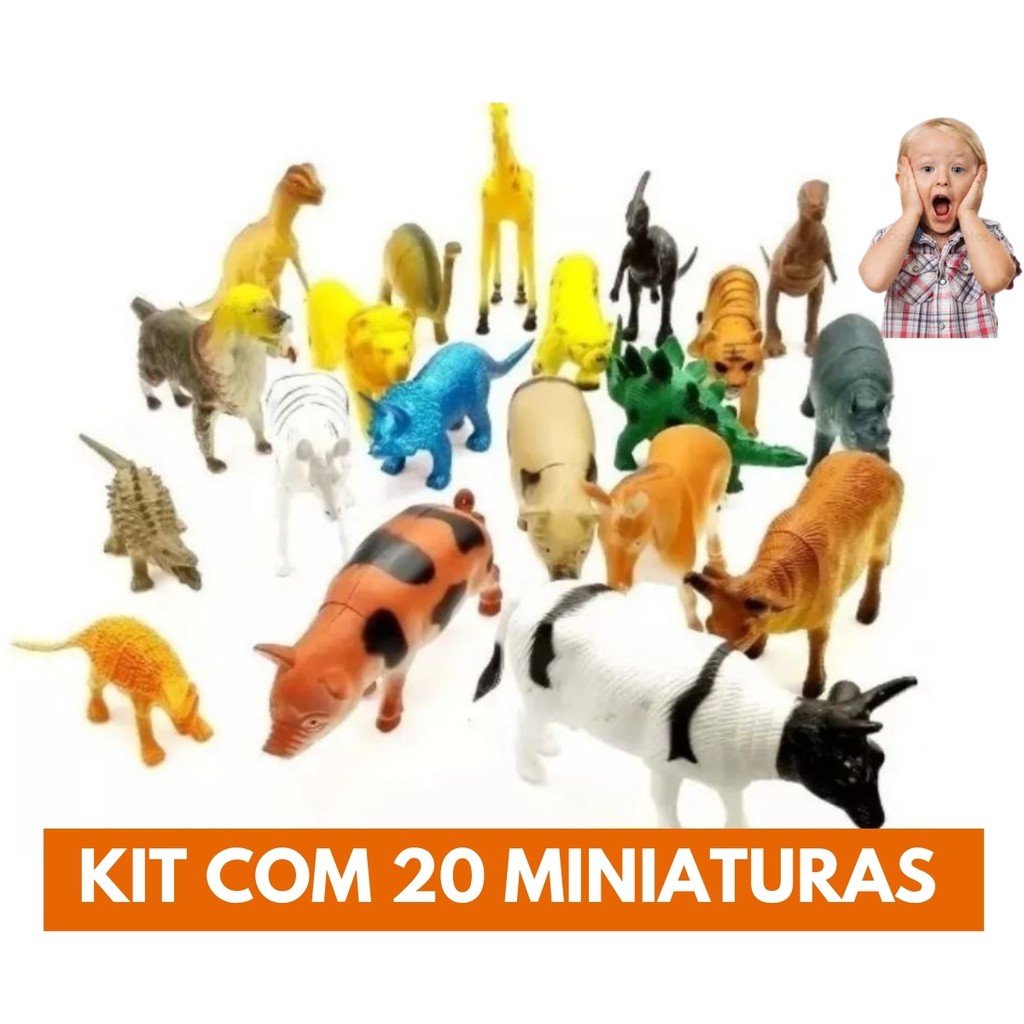 Kit com 20 Animais De Brinquedo Miniaturas Zoo Fazenda Dino | Shopee Brasil