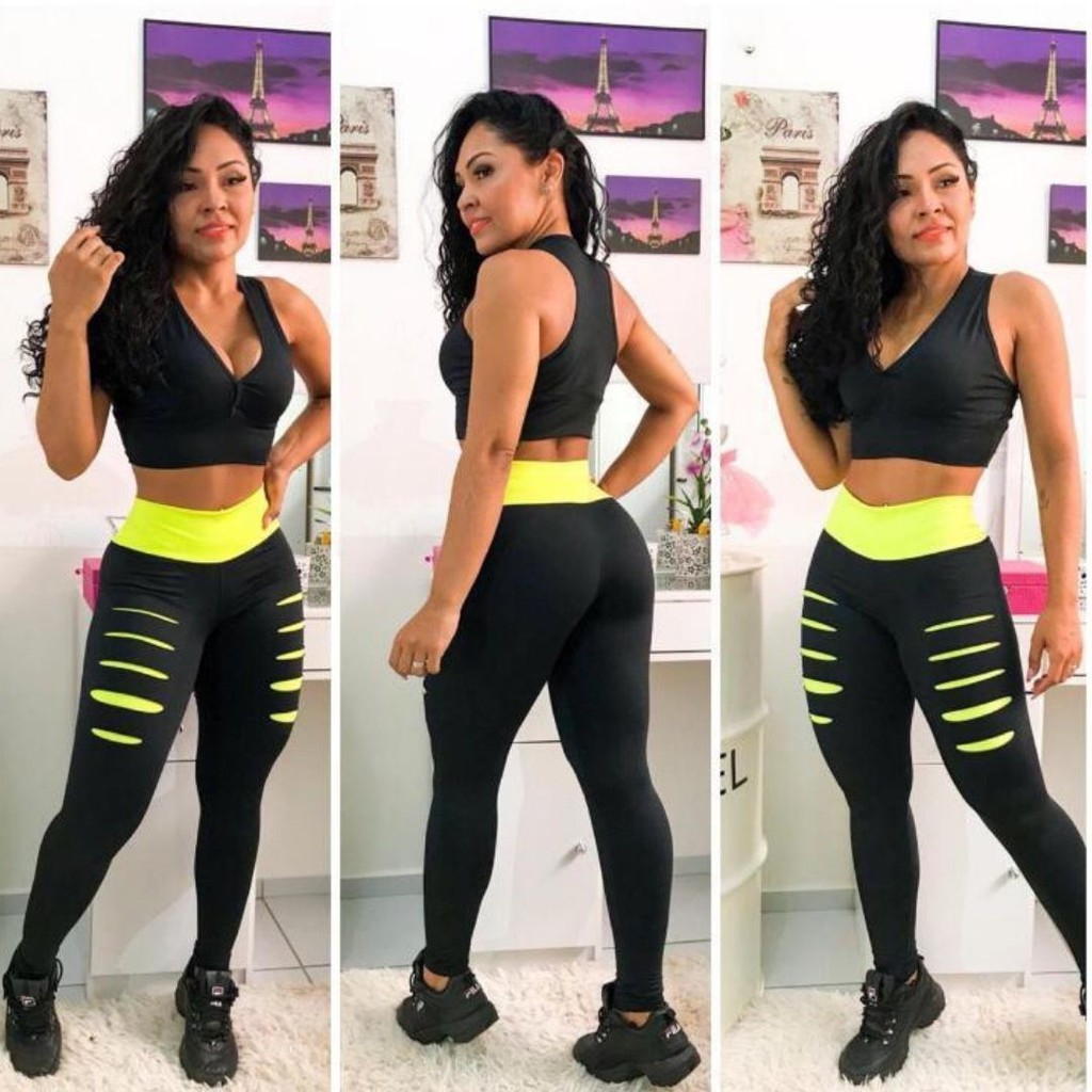 Conjunto Fitness Roupa Academia Feminina Preta Calça Legging e Top