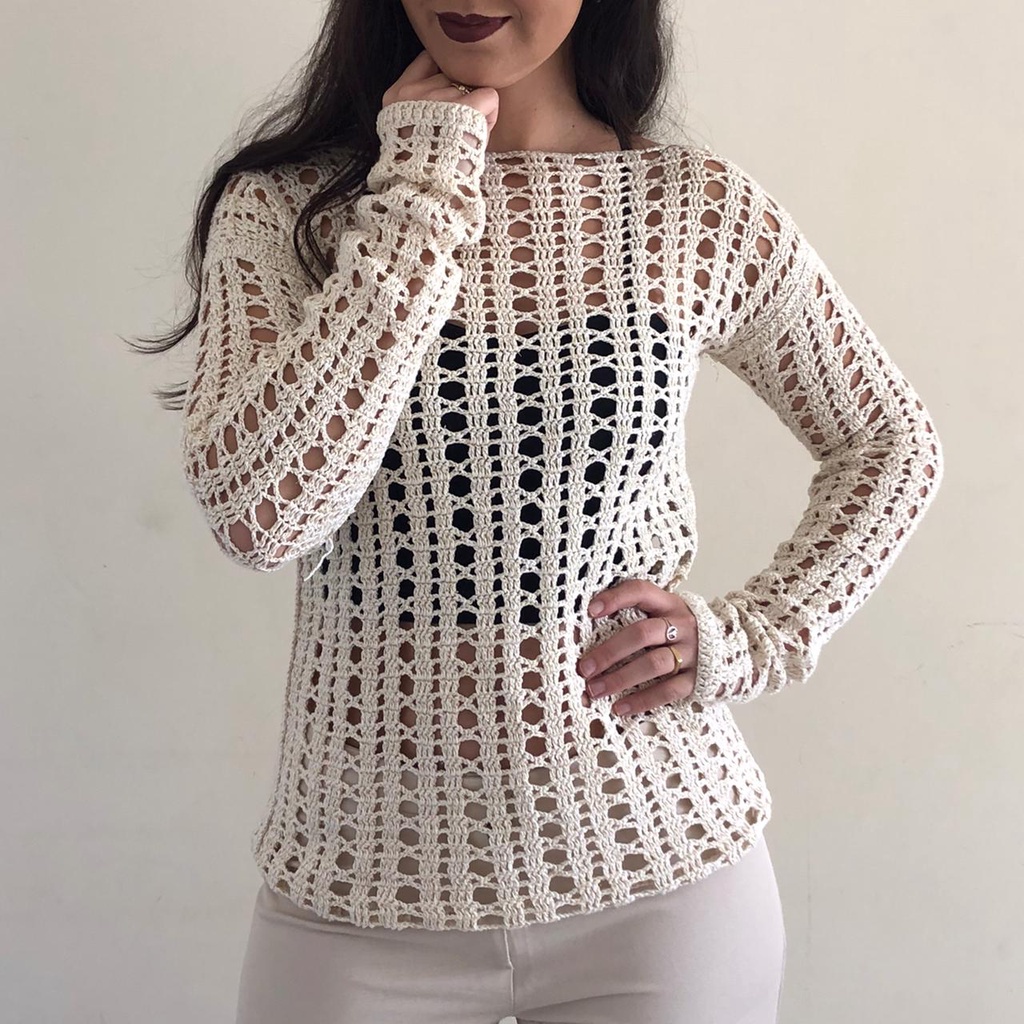 Blusa de frio tricô manga comprida vazada feminina crochê vintage brechó  camisa estilo blogueira