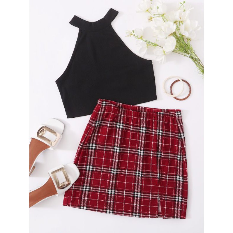 Conjunto Xadrez Saia E Cropped Vermelho Shein