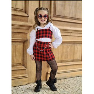 Conjunto Infantil Menina Estilo Europeu Camisa Branca e Saia Xadrez