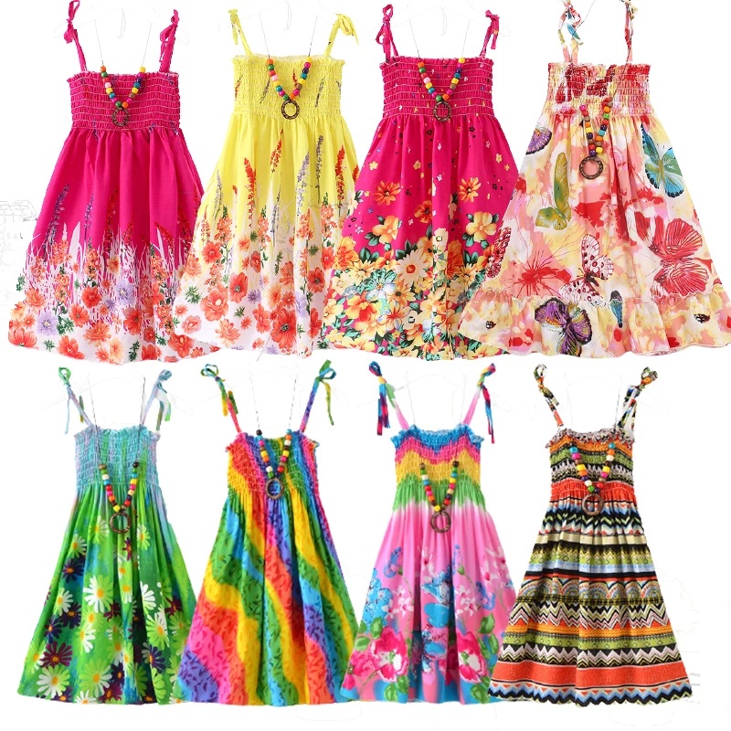 Vestido infantil Kawaii com laço floral e flores boêmias, sem mangas, alças  de praia, roupas de princesa fit & Flare