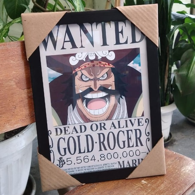 Quadro para decoração com moldura e vidro Anime One Piece Gol D Roger Wanted Procurado pôster geek