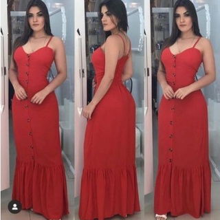 Vestido Midi Poá Soltinho com Babados e Botões Vermelho