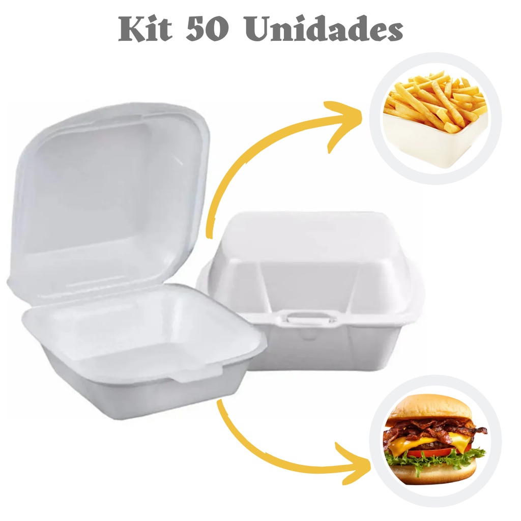 50 Unidades Hamburgueira Embalagem de Isopor Para Hamburguer Sanduíche Batata Frita Uso Delivery