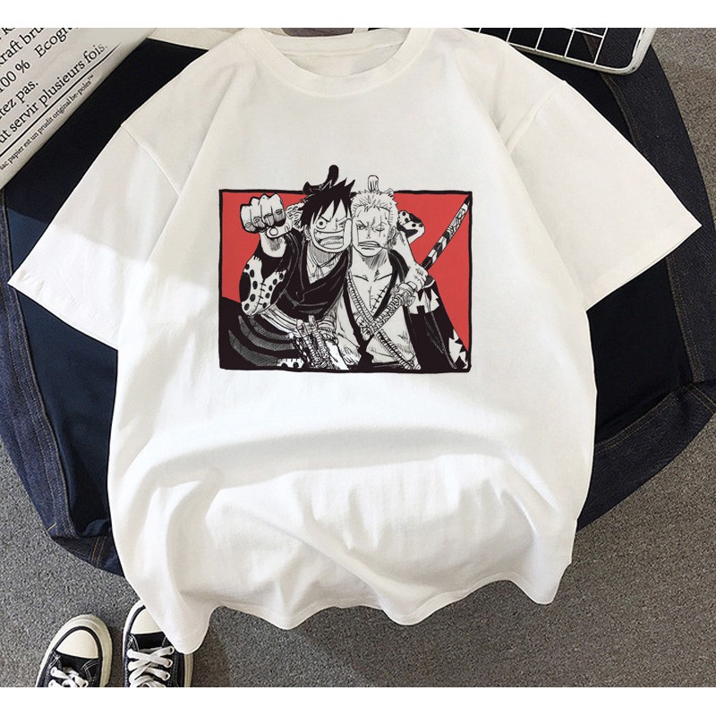 One Piece anime t-shirt branca babylook e camiseta estampada masculino e feminino poliéster