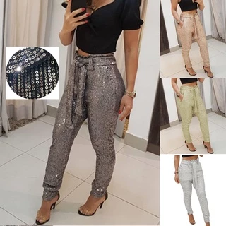 Calça Lápis Longa Feminina Cintura Alta Elástica Com Lantejoulas E Glitter Para Casual/Festa/Social P-XXXG