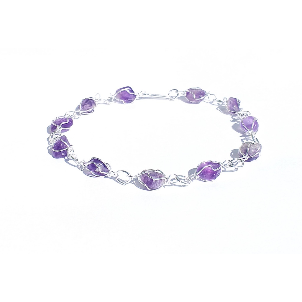 PULSEIRA DE AMETISTA PEDRA NATURAL FOLHEADA A PRATA