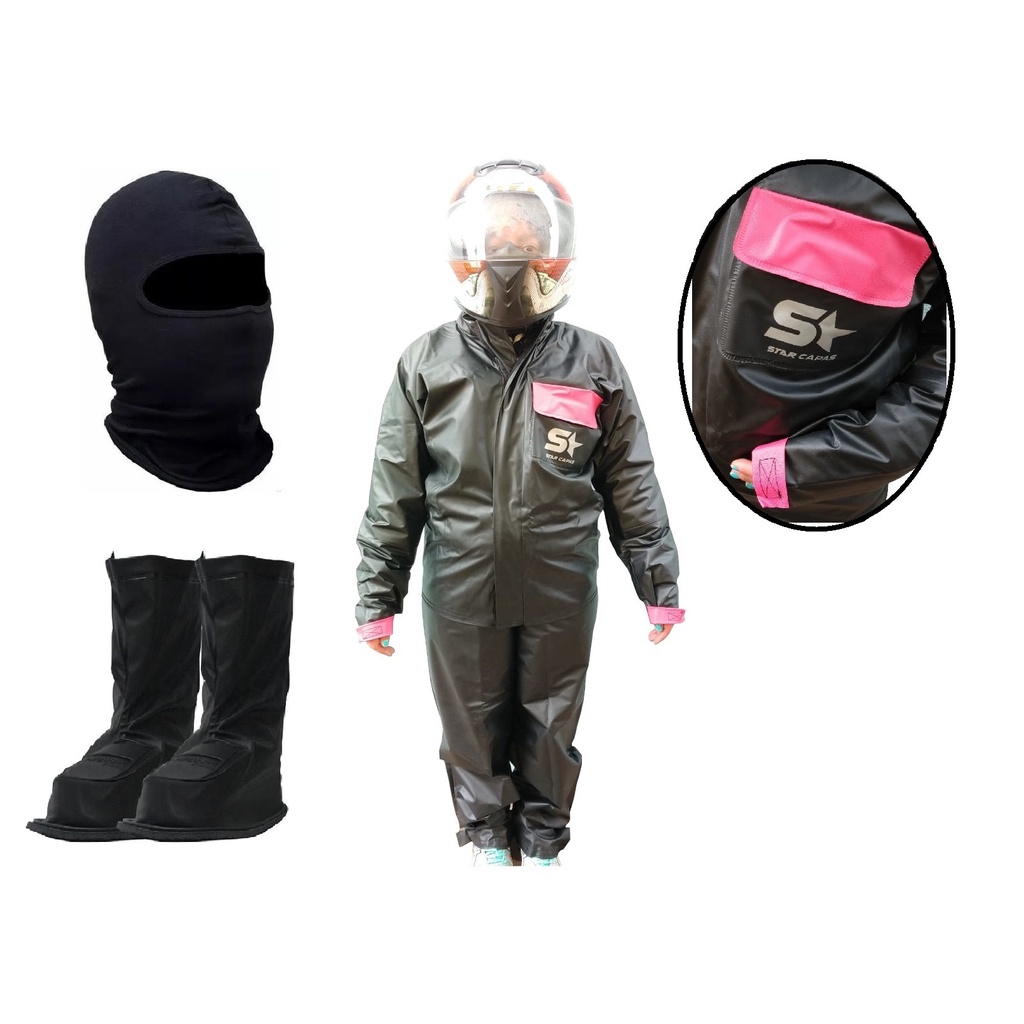 Capa De Chuva - Conjunto Calça Jaqueta Impermeavel Feminina Pvc Com Bolso - Moto / Motoboy / Motoqueiro + Touca Ninja Balaclava + Polaina Galocha