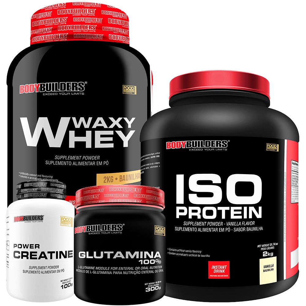 Kit Waxy Whey 2kg, Iso Protein 2kg+ Power Creatina 100g, Glutamina 100% 300g – Bodybuilders