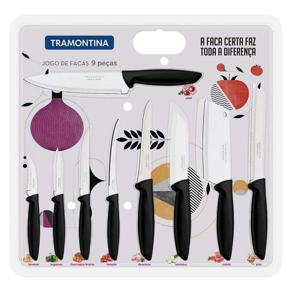 Jogo De Facas Plenus 9 Peças Tramontina Lâminas Aço Inox