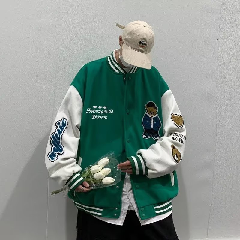 Americano do vintage verde beisebol cyber y2k básico jaqueta