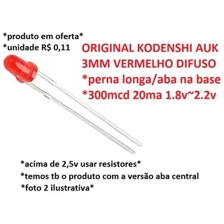 50 PÇS LED 3MM VERMELHO DIFUSO ORIGINAL KODENSHI AUK JAPAN (EM OFERTA)