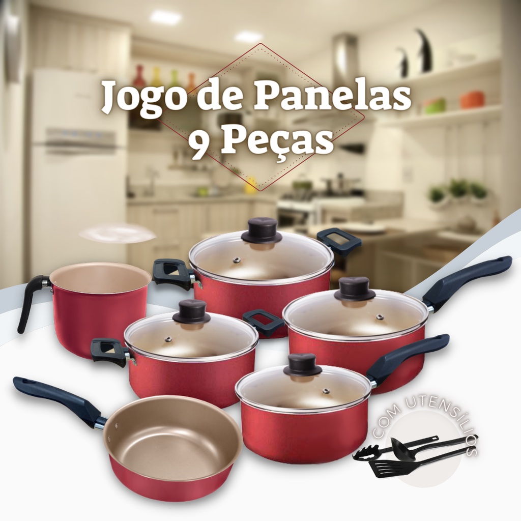 Jogo De Panelas Cozinha 09 Peças Preto Tampa Vidro Promoção