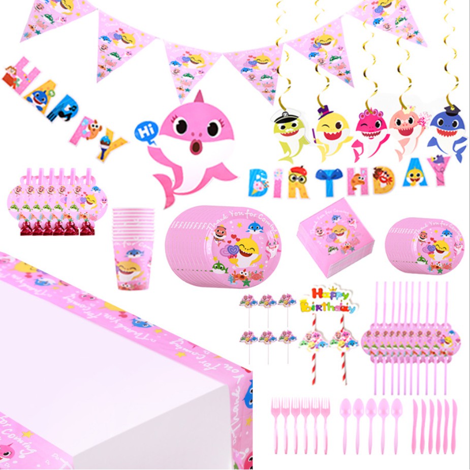 Festa De Aniversário Pink Baby Shark Decoração Placa De Papel Para Copos Bandeira Chapéus Soprador De Presente
