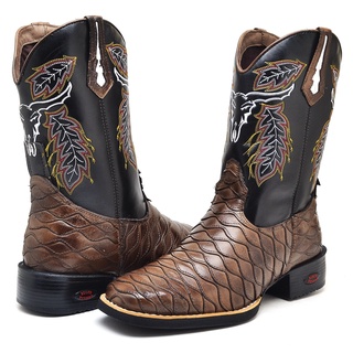 Bota Country Texana Escamada Bico Quadrado Cano Alto Cabeça Touro Boi Preta/Café