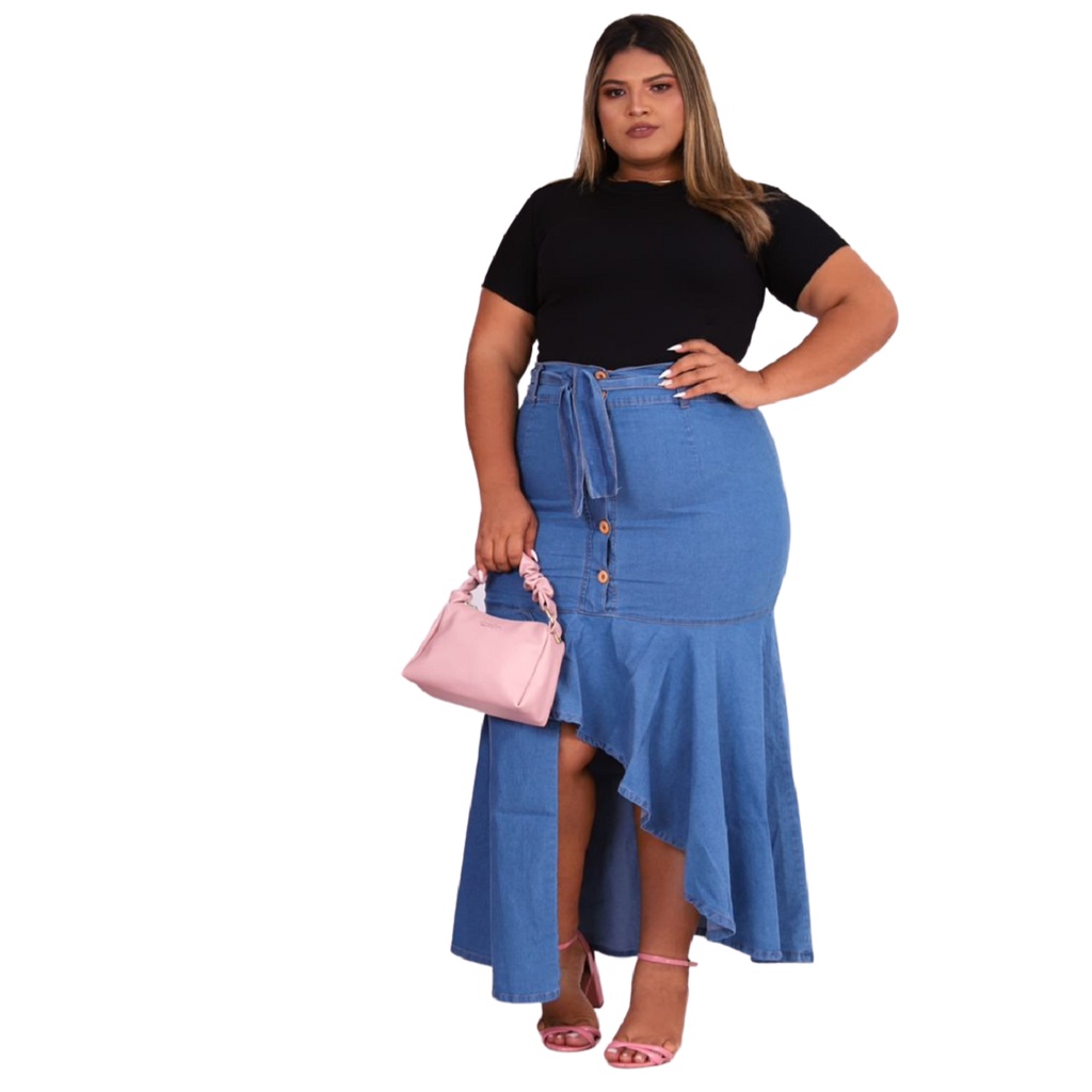 Saia Jeans Plus Size Longa Evangélica com Botoes e Faixa de amarrar ...