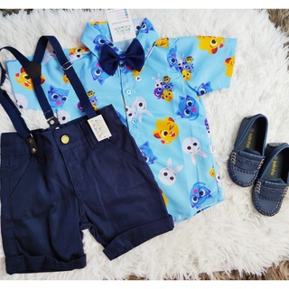 BOLOFOFO COM SAPATO MOCASSIM Conjunto infantil para menino com suspensório e gravatA