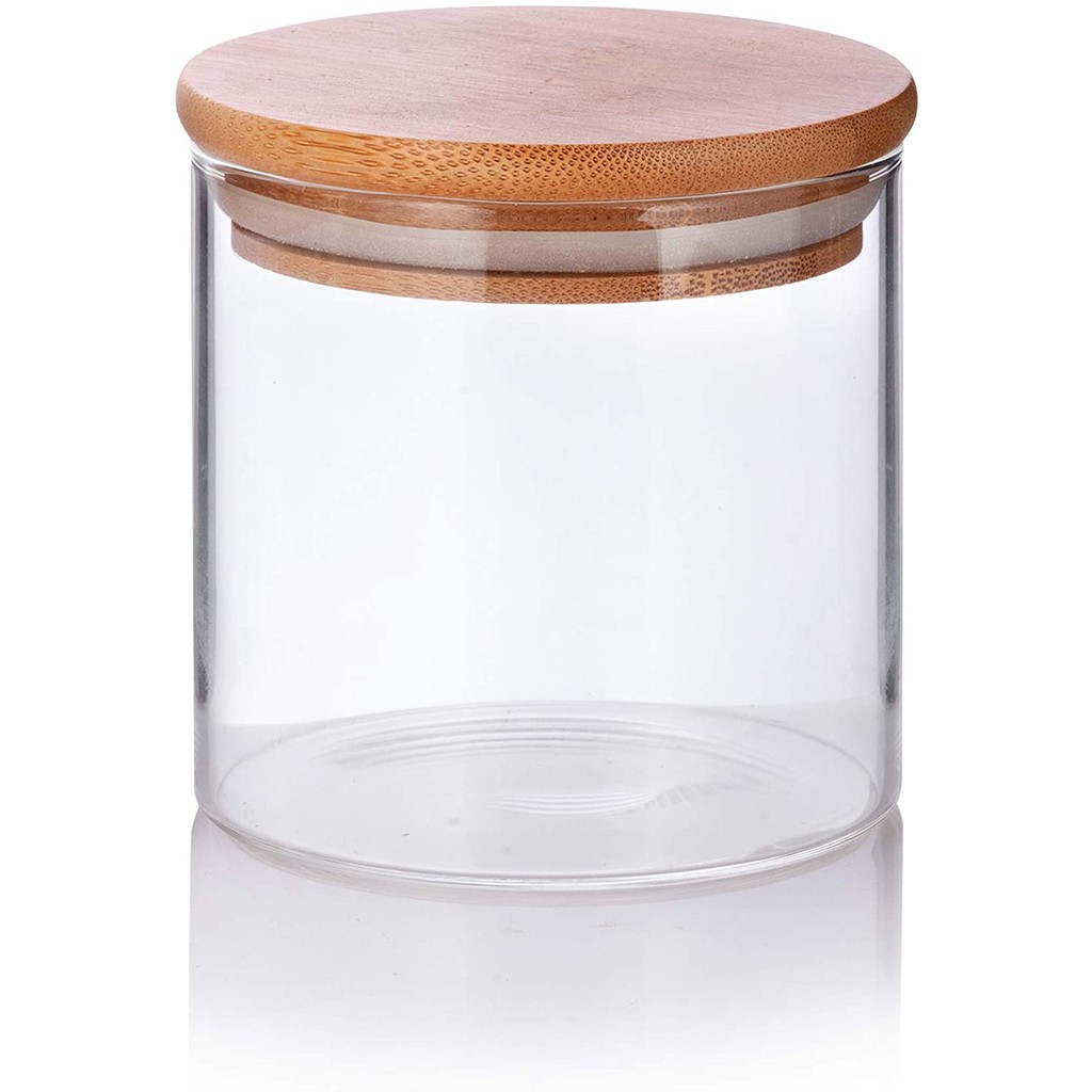 Pote Vidro 10 x 10 cm = 650ml Borossilicato Hermético Tampa Bambu 10x10cm Boro silicato