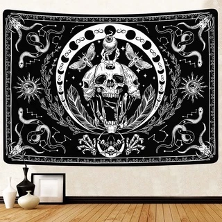 Tapeçaria De Caveira Preta E Branca Com Estampa De Esqueleto Trippy/Mandala/Lua/Fase /