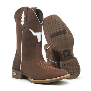 Bota Botina Texana Country Masculina Couro Bovino Bico Quadrado Cano alto Montaria Pecuaria Festa Cavalgada