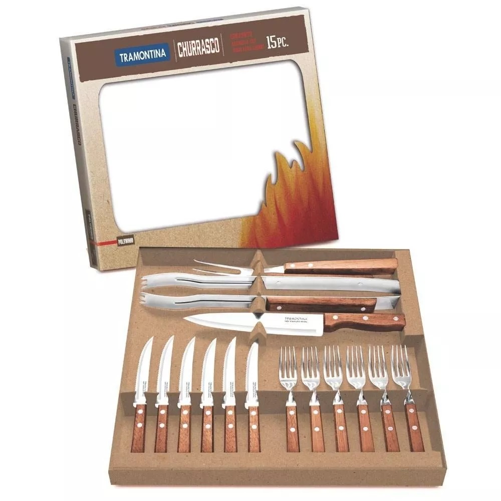 Jogo facas churrasco tramontina kit 15 Peças dynamic cabo madeira