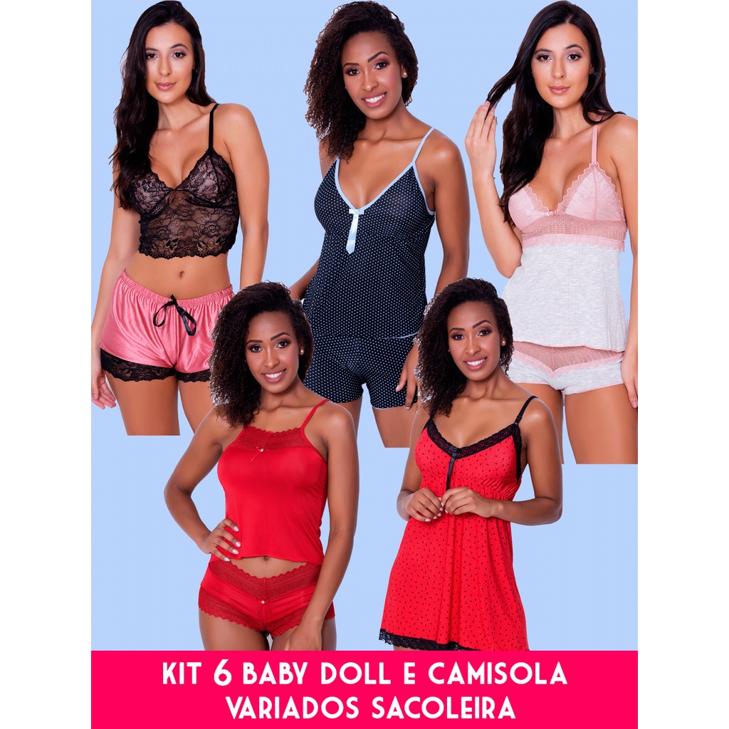 Kit 3 Pijamas Camisola Baby Doll Roupa de dormir Linha Noite Sexy Variadas Diversos  Modelos Lingerie Revenda Moda Intima Feminina