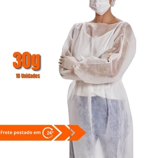 Avental Descartável Manga Longa TNT Gramatura 30g - Jaleco Descartável branco.