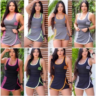 conjunto shorts saia com listras pra academia caminhada ou musculação