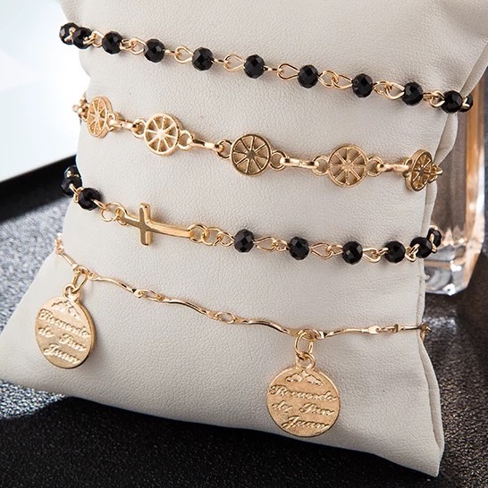 Kit 4 Pulseiras Dourada Conjunto Cruz Pingente N8370