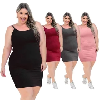 Kit Com 4 Vestidos Plus Size Canelado de Alça Sem Bojo Tubinho em Malha Canelada de qualidade para Trabalho Lazer e dia a dia