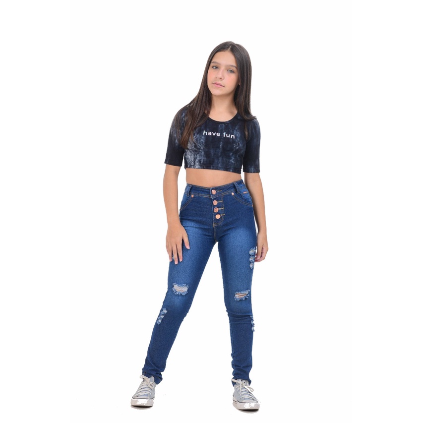 Calça Jeans Feminina Infantil Meninas Com Regulador Lycra