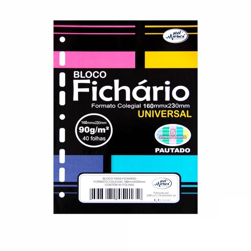 Bloco Refil Para Fichário Colegial 40 Folhas Pautadas Coloridas Candy 90g Furação Universal 1234