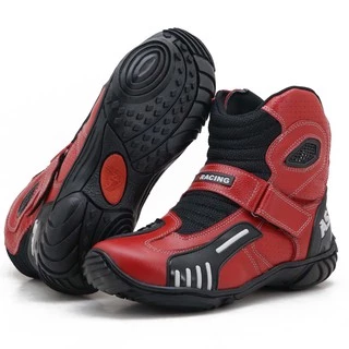 Bota motociclista em couro legítimo na cor vermelha respirável esportiva motovelocidade