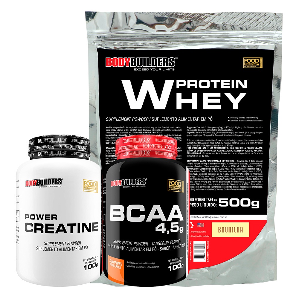 Kit Suplementos Whey Protein Concentrado 500g BCAA 100g E Creatina Power 100g Para Praticantes De Atividades Físicas Bodybuilders