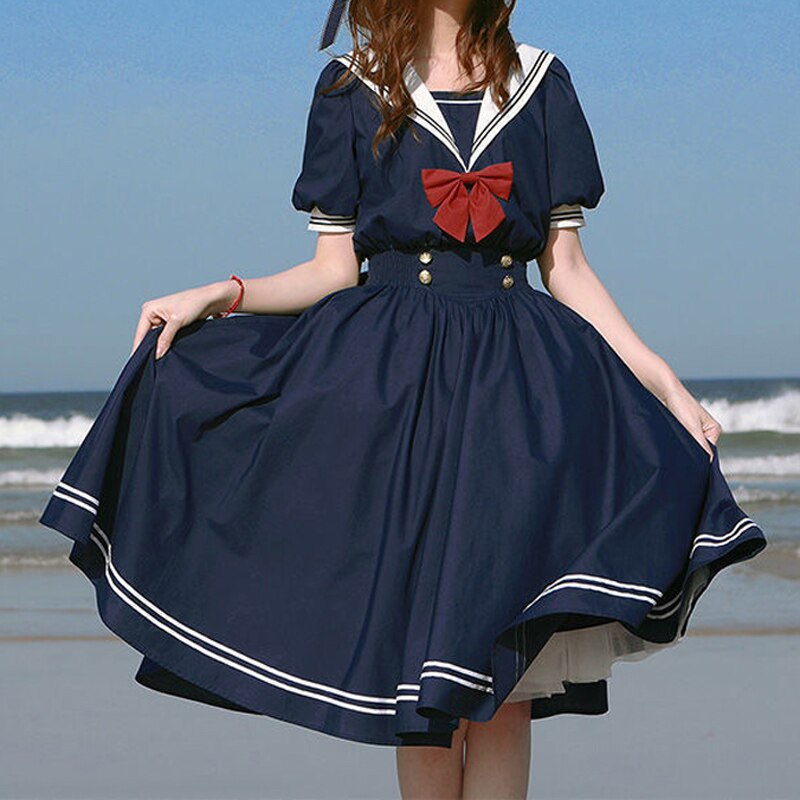 Harajuku Sailor Collar Navy Dress Women Retro Kawaii Preppy Style