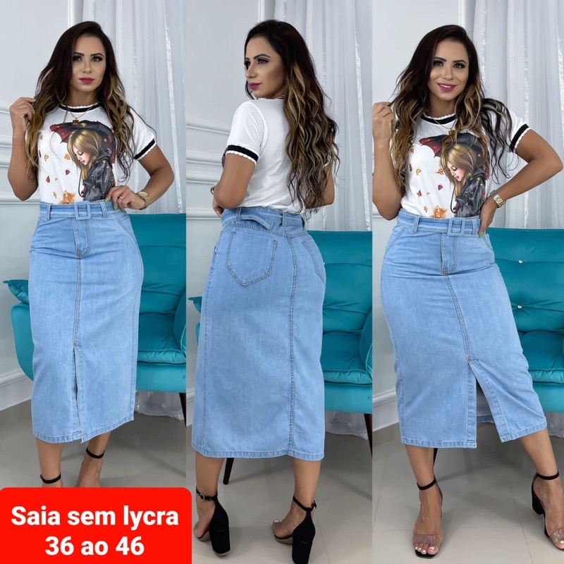 Saia Jeans Midi - 1585 - Saiaria Moda Evangélica