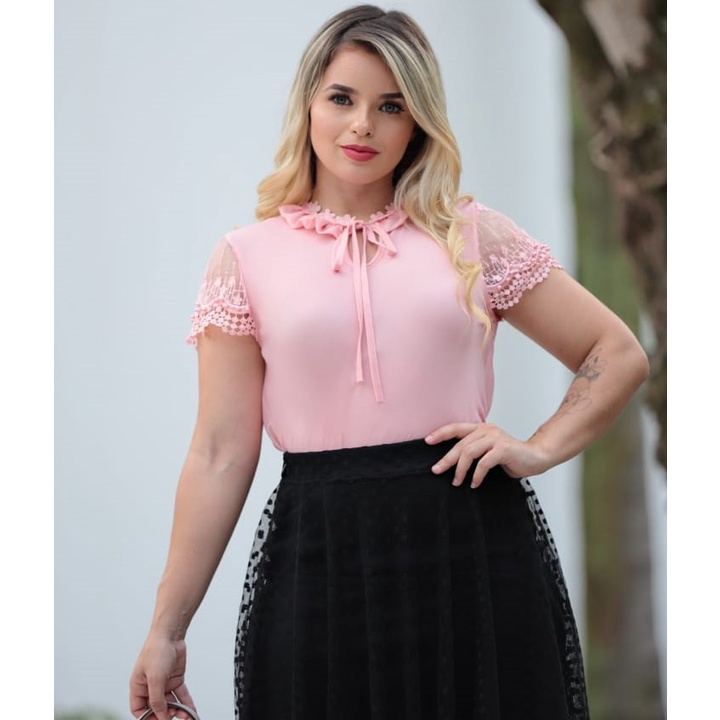 Blusa Social Chique Renda Tule Poa Perola Moda Evangelica Feminina Cordão  Promoção