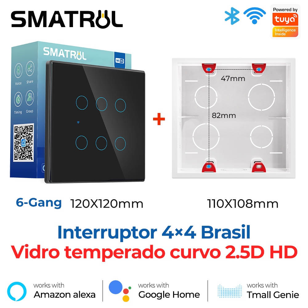 Interruptor Inteligente Alexa 4x4 Brazil Tuya WiFi Smart Switch 6
