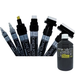 Kit com 6 Canetas Poster Titã recarregáveis (traço de 2 a 50mm), tinta permanente, profissional, para cartazista (ideal para escrita em cartaz, faixa de polietileno, etc) + 500ml de tinta permanente Pit Stop